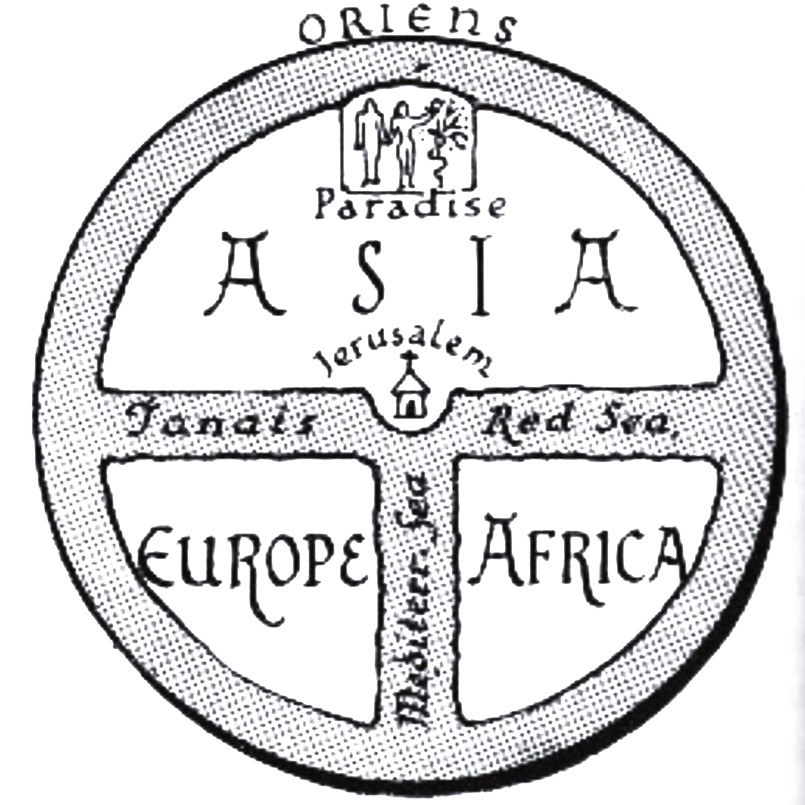 A medieval map depicting Asia at top, Europe bottom left, Africa bottom right,
           and Jerusalem at center, divided by a T-shaped sea.