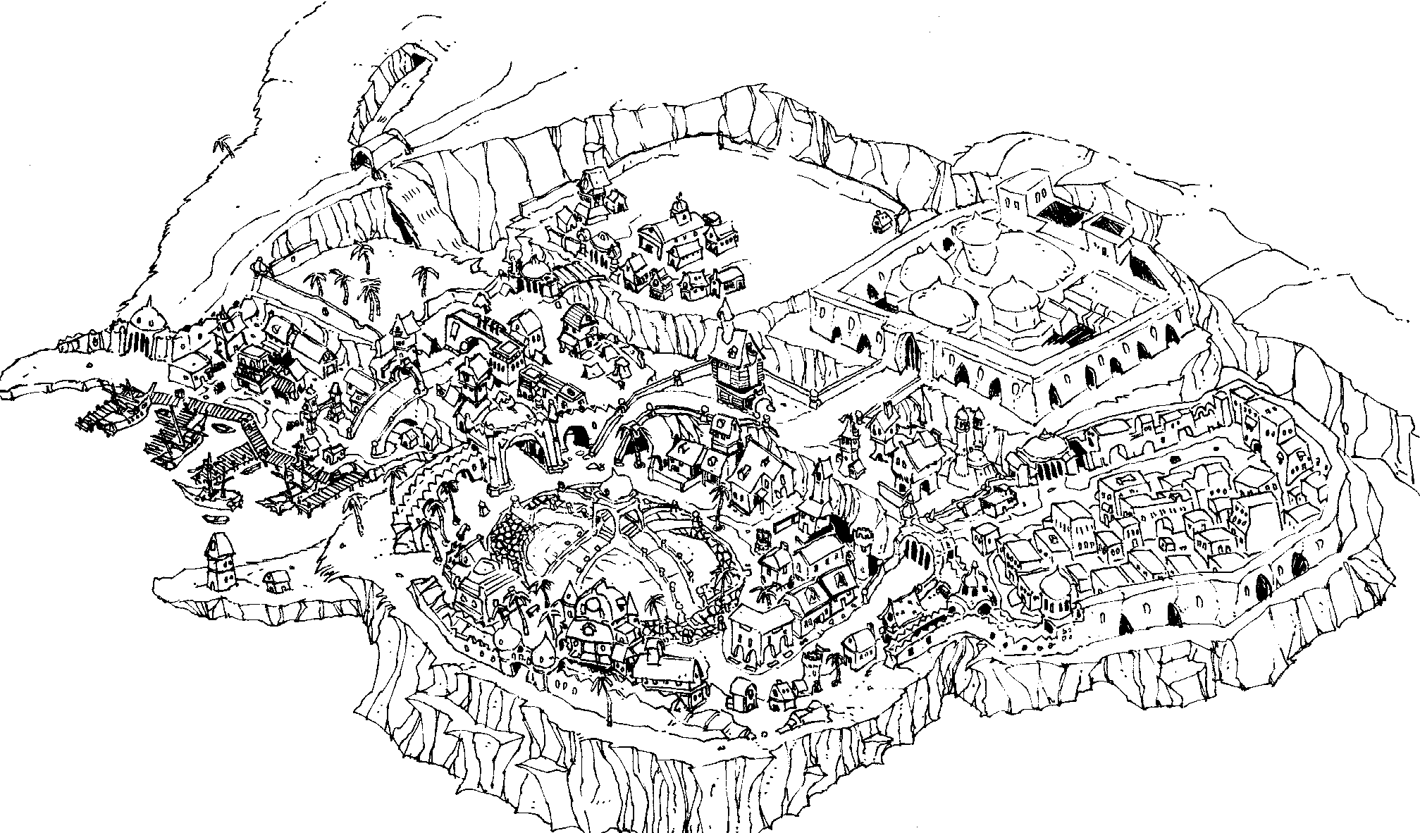 A sprawling city nestled in the cliffs. Redguard concept art by Michael Kirkbride.