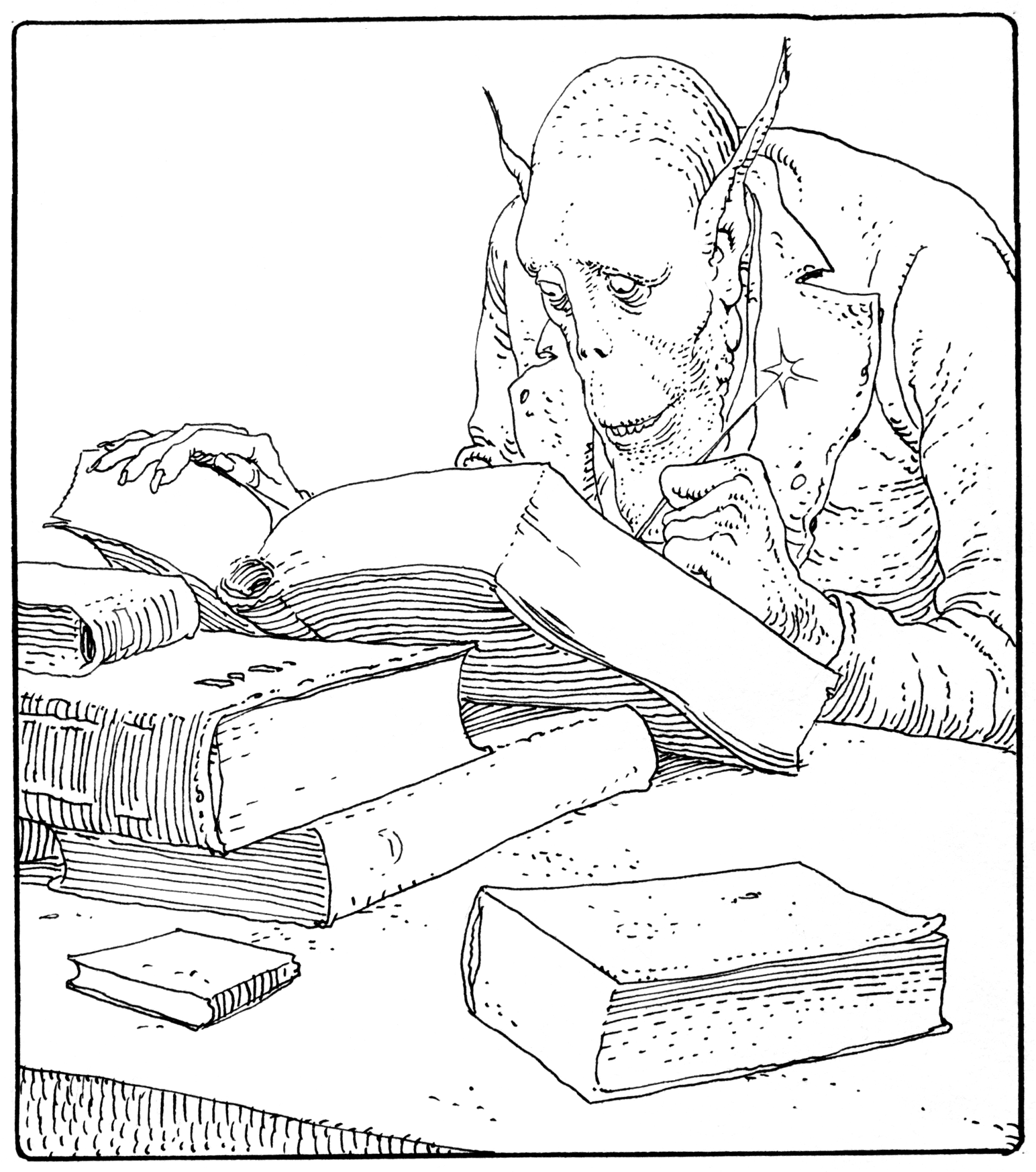 A goblin-like man writes in a large tome. Spot illo by Moebius (Jean Giraud).